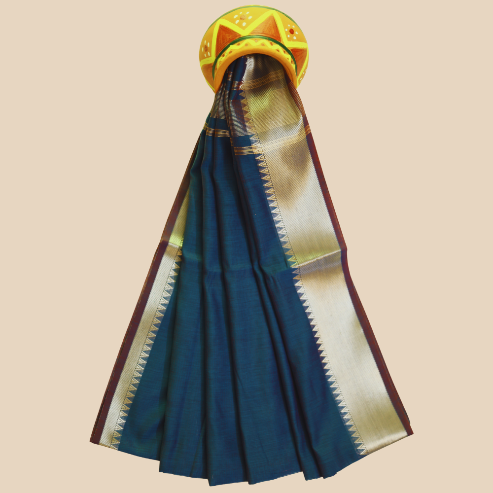 Mangalgiri Cotton Saree –  Deep Navy Blue with Golden Zari Temple border