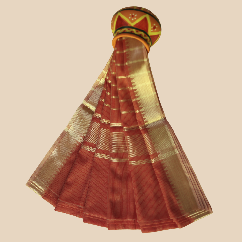 Mangalgiri Cotton Saree –  Lite Peach with Golden Zari Temple border