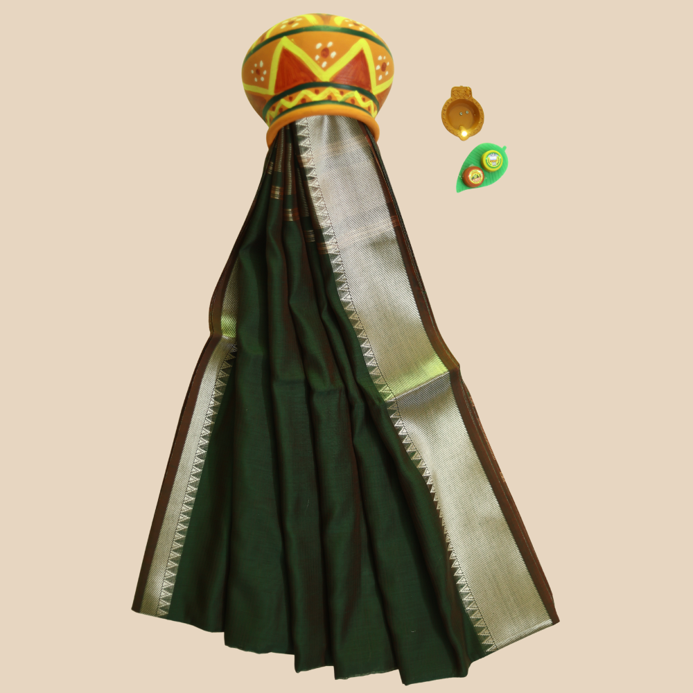 Mangalgiri Cotton Saree –  Bottle Green with Golden Zari Temple border