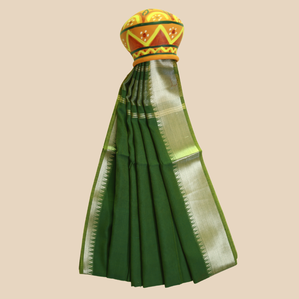Mangalgiri Cotton Saree – Mehandi Green with Golden Zari Temple border