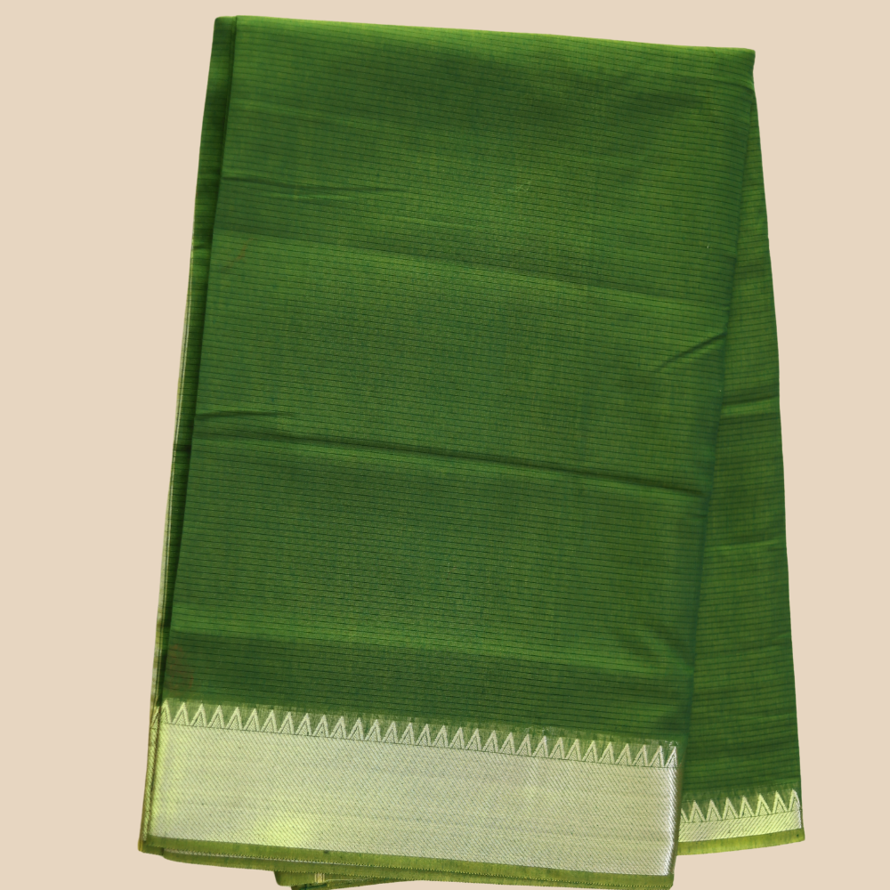 Mangalgiri Cotton Saree – Mehandi Green with Golden Zari Temple border