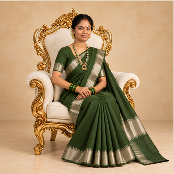 Mangalgiri Cotton Saree – Mehandi Green with Golden Zari Temple border