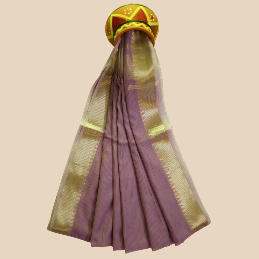 Mangalgiri Cotton Saree – Lavendar with Golden Zari Temple border