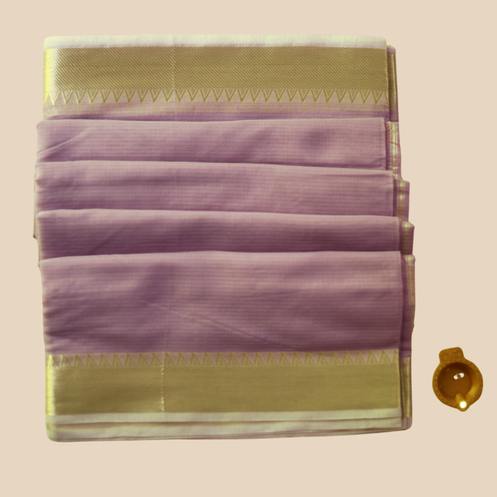 Mangalgiri Cotton Saree – Lavendar with Golden Zari Temple border
