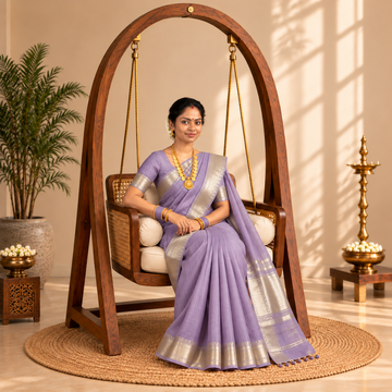 Mangalgiri Cotton Saree – Lavendar with Golden Zari Temple border
