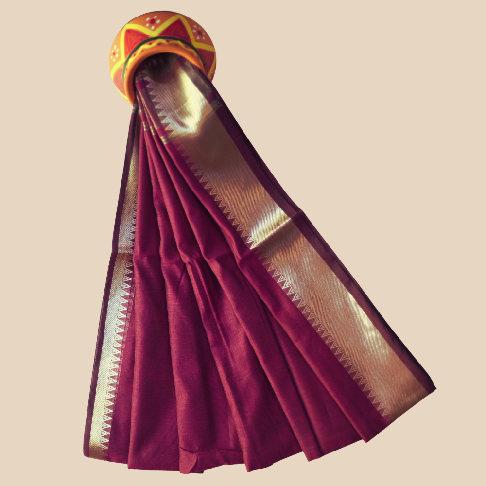 Mangalgiri Cotton Saree –  Magenta Pink with Golden Zari Temple border