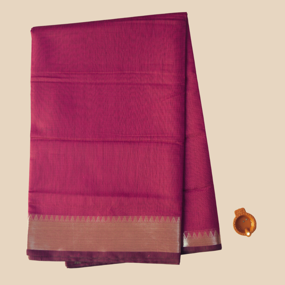 Mangalgiri Cotton Saree –  Magenta Pink with Golden Zari Temple border