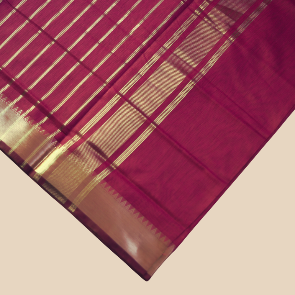 Mangalgiri Cotton Saree –  Magenta Pink with Golden Zari Temple border
