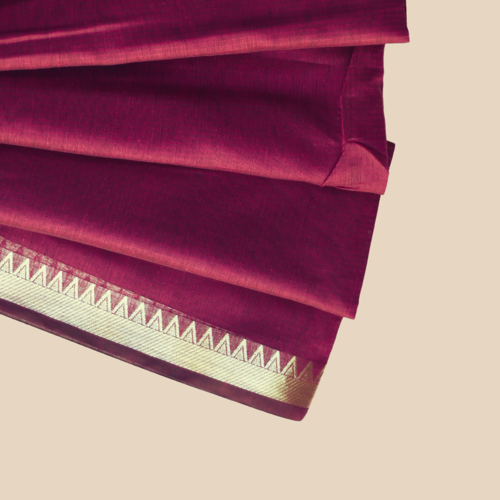 Mangalgiri Cotton Saree –  Magenta Pink with Golden Zari Temple border