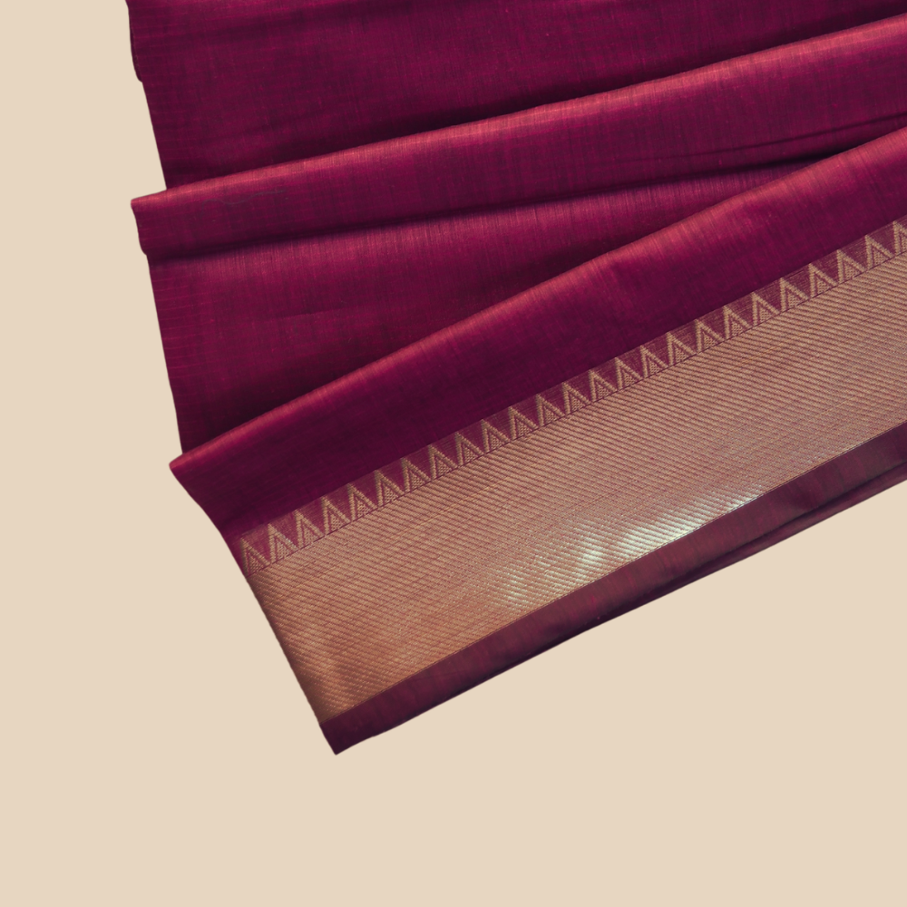 Mangalgiri Cotton Saree –  Magenta Pink with Golden Zari Temple border