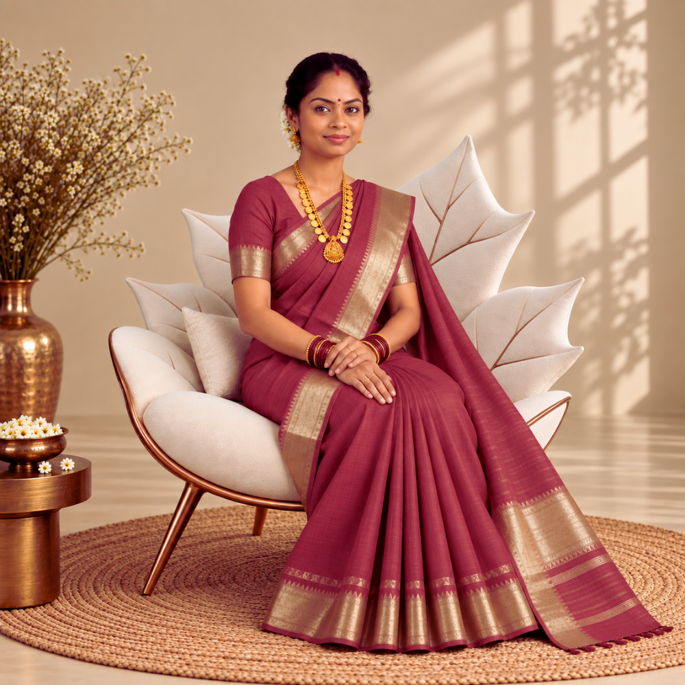 Mangalgiri Cotton Saree –  Magenta Pink with Golden Zari Temple border