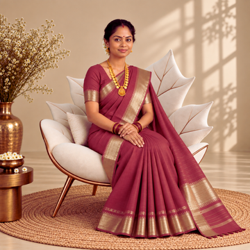 Mangalgiri Cotton Saree –  Magenta Pink with Golden Zari Temple border