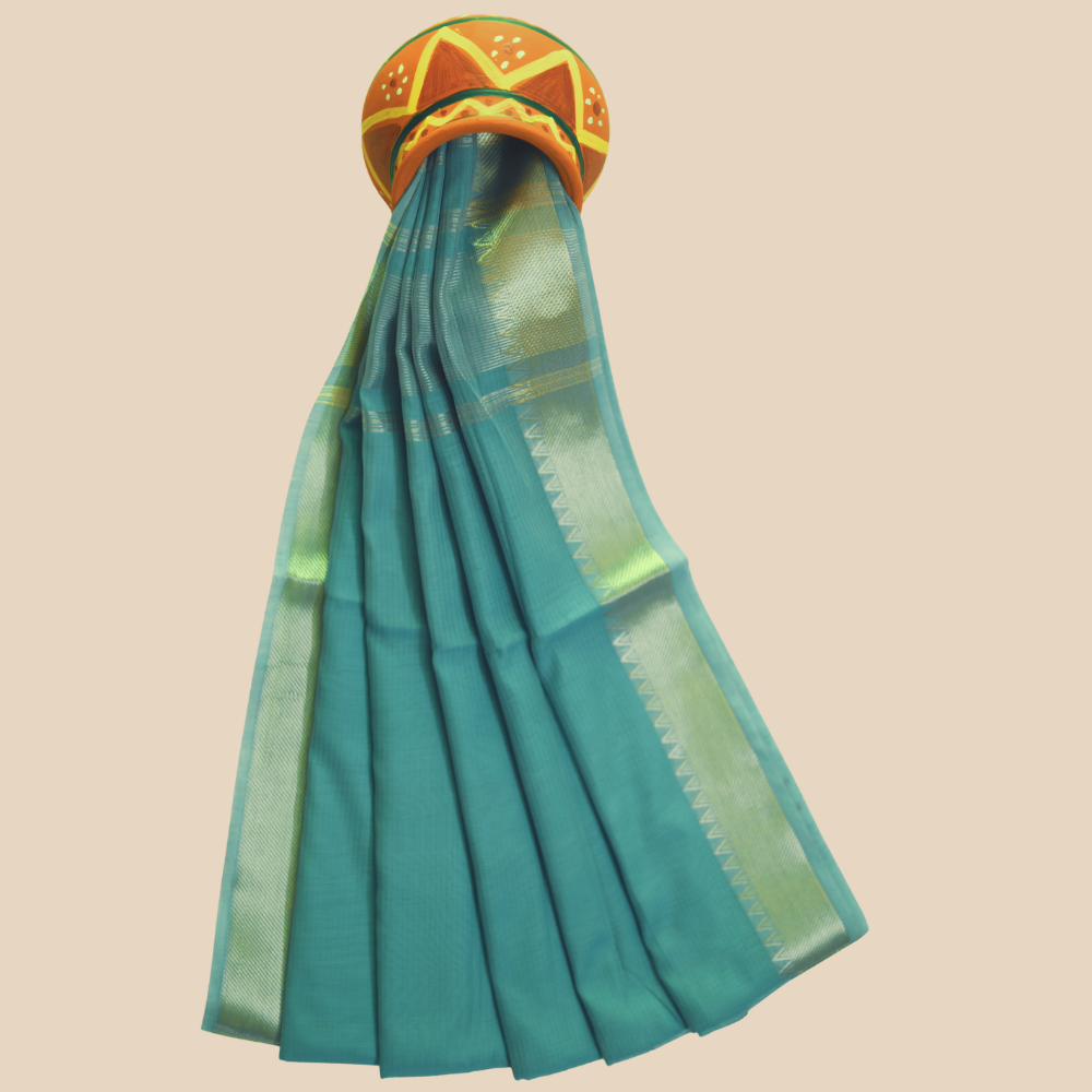 Mangalgiri Cotton Saree – Sky Blue with Golden Zari Temple border