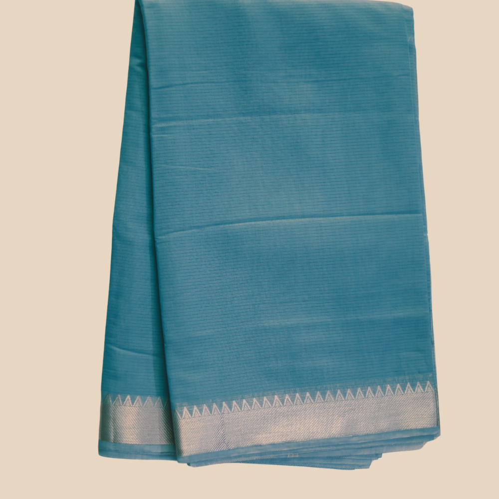 Mangalgiri Cotton Saree – Sky Blue with Golden Zari Temple border