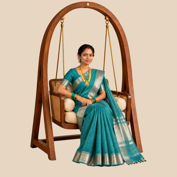 Mangalgiri Cotton Saree – Sky Blue with Golden Zari Temple border