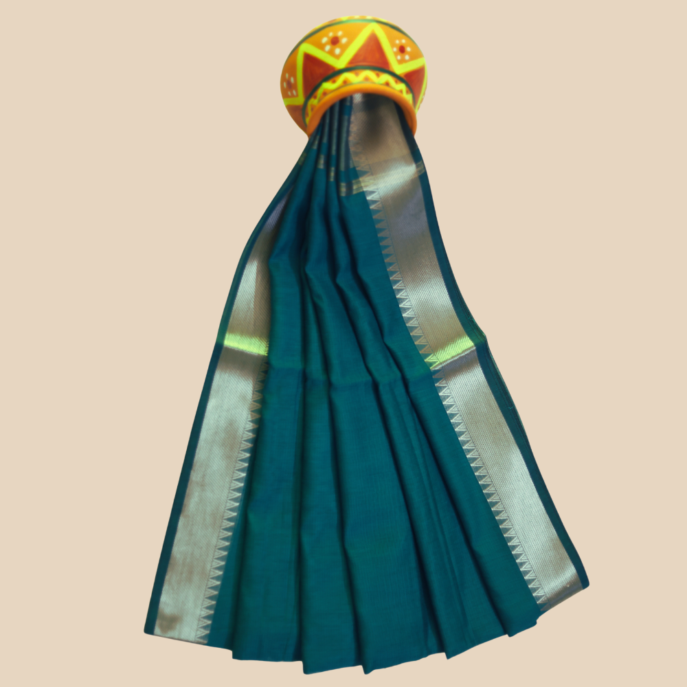Mangalgiri Cotton Saree –  Deep Teal Blue with Golden Zari Temple border