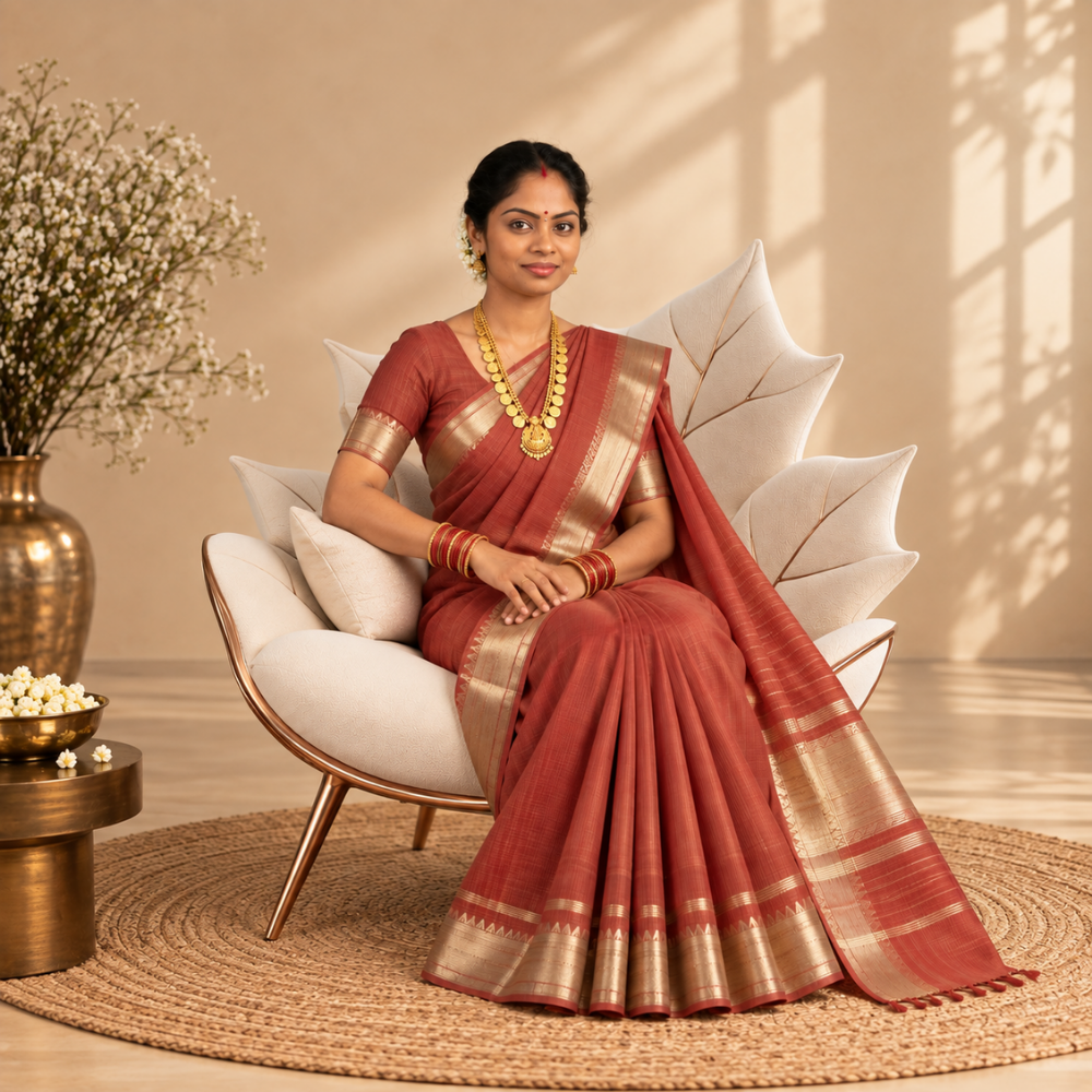Mangalgiri Cotton Saree –  Lite Peach with Golden Zari Temple border