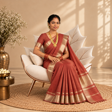 Mangalgiri Cotton Saree –  Lite Peach with Golden Zari Temple border