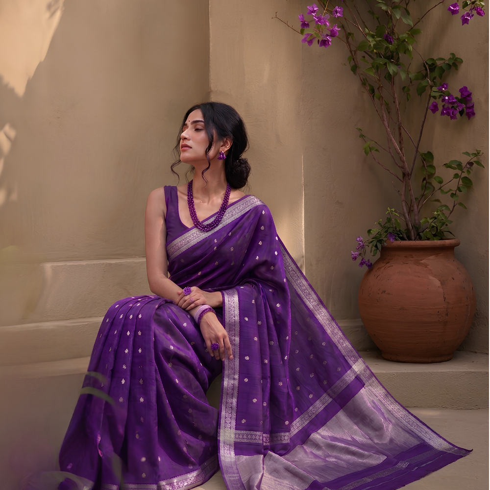 Menmai - Vaira Rekha - Soft Silk Saree - Deep Orchid Purple with Golden Zari