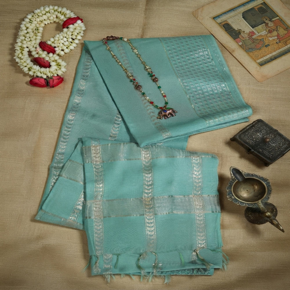 Menmai - Neela Rekha - Soft Silk Saree - Muted Sea Green with Silver Zari
