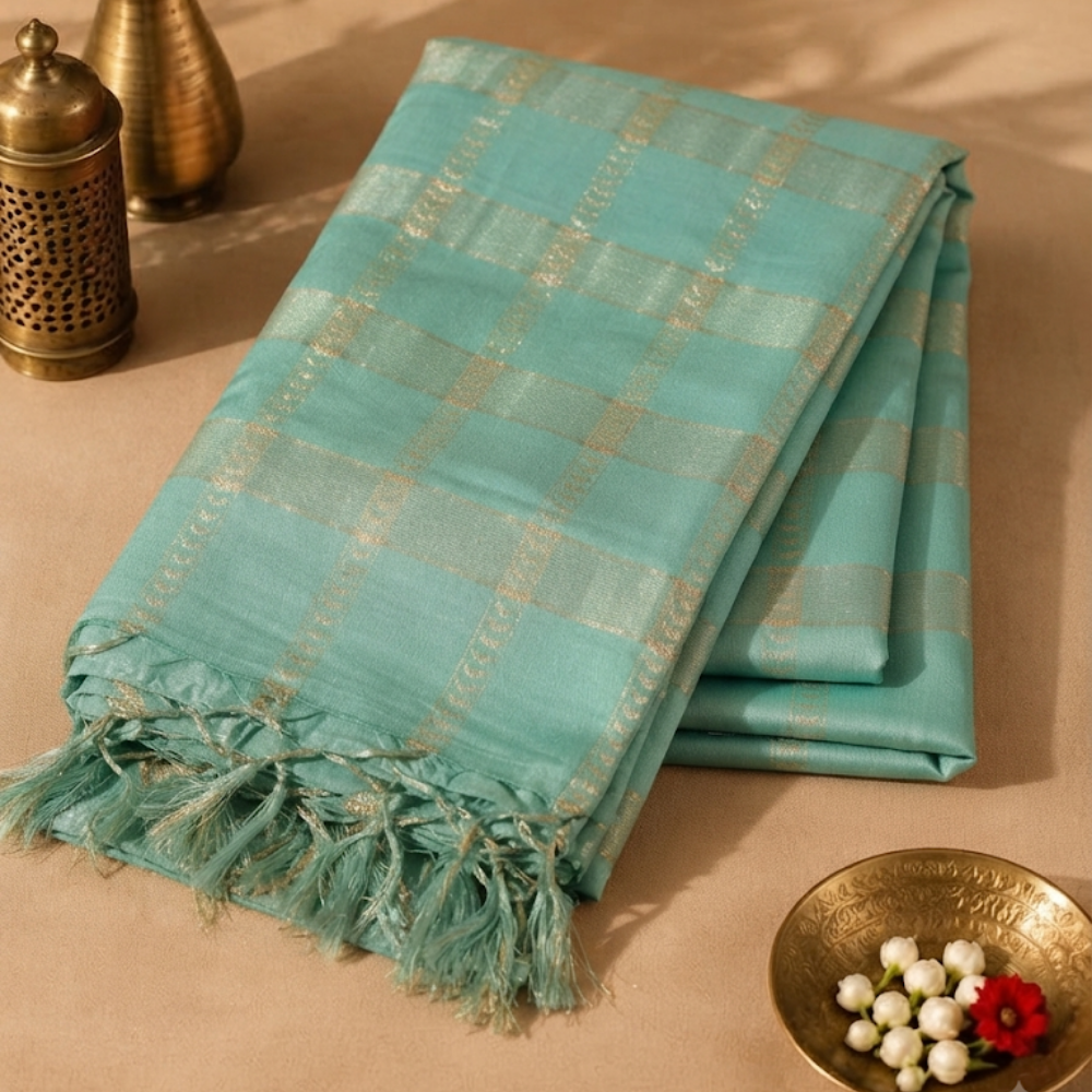 Menmai - Neela Rekha - Soft Silk Saree - Muted Sea Green with Silver Zari