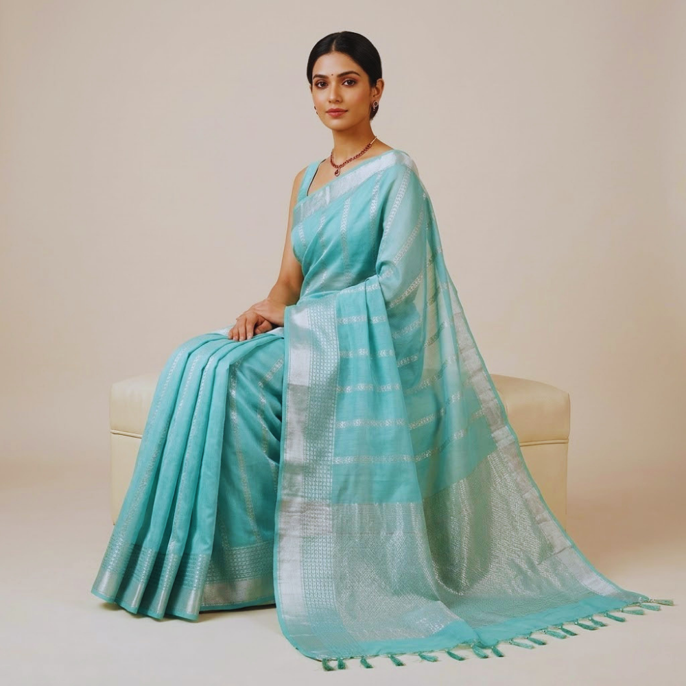 Menmai - Neela Rekha - Soft Silk Saree - Muted Sea Green with Silver Zari