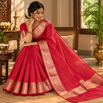 Motka Silk Saree - Rani Pink with Antique Gold Floral Zari