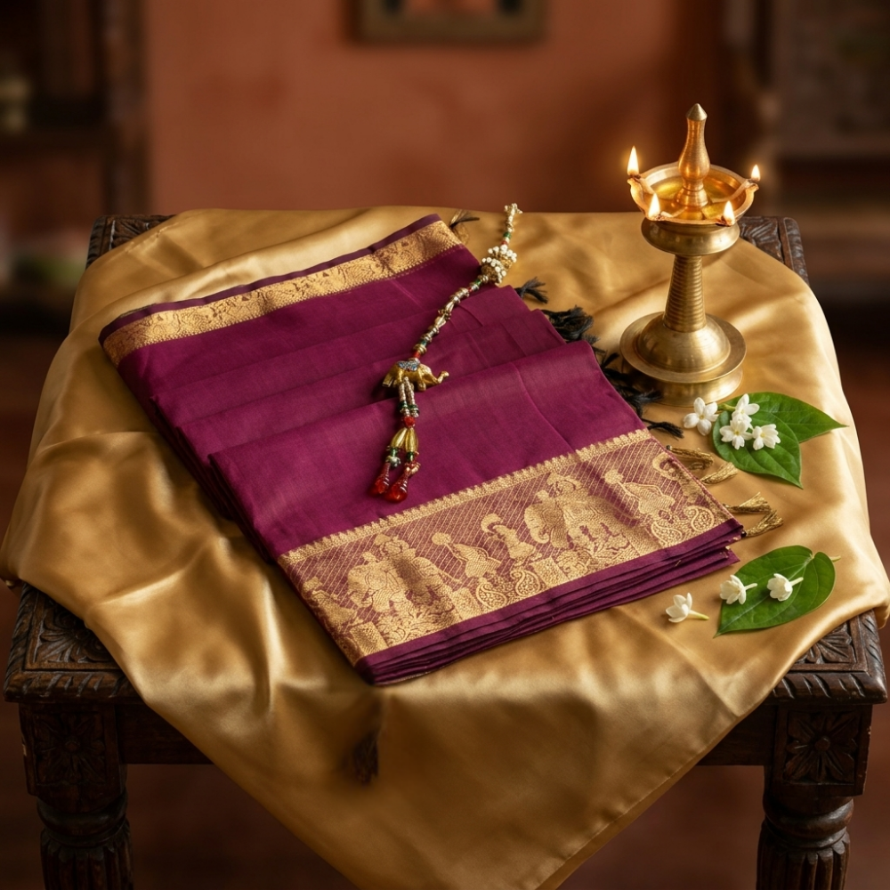 Chettinad Cotton Saree - Plum with Golden Zari