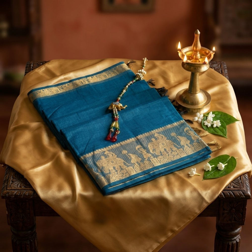 Chettinad Cotton Saree - Deep Teal Blue with Golden Zari