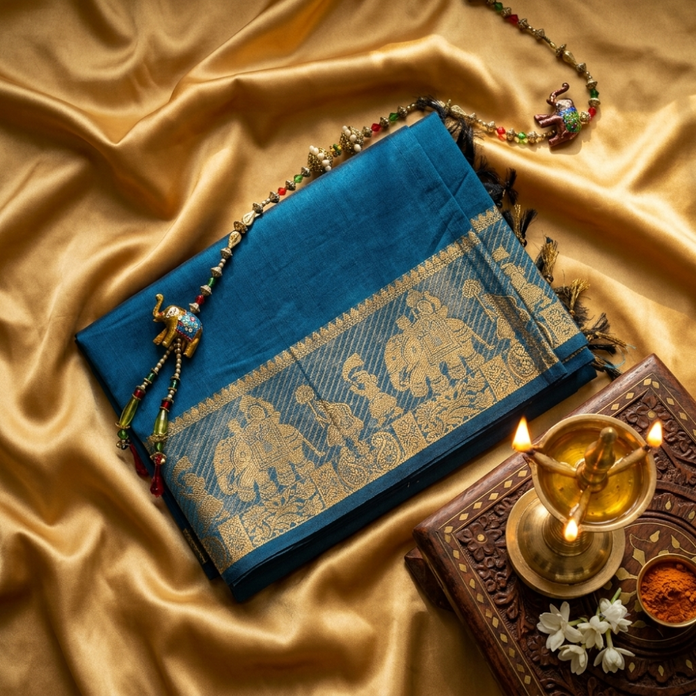 Chettinad Cotton Saree - Deep Teal Blue with Golden Zari