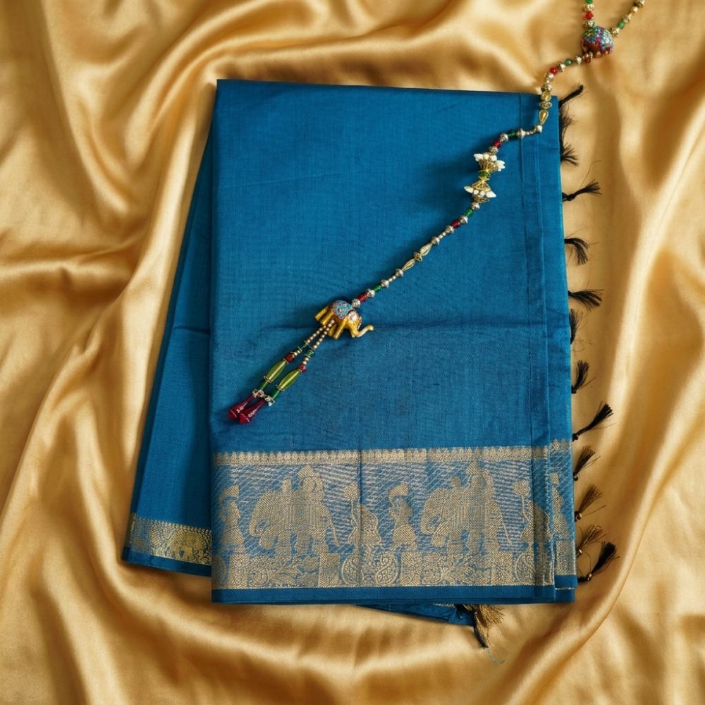 Chettinad Cotton Saree - Deep Teal Blue with Golden Zari