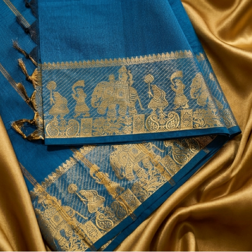 Chettinad Cotton Saree - Deep Teal Blue with Golden Zari