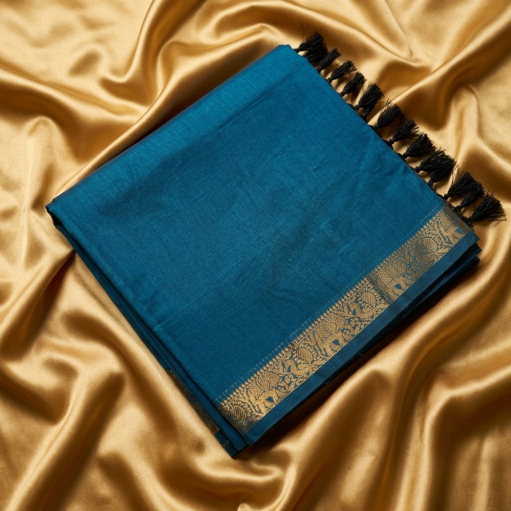 Chettinad Cotton Saree - Deep Teal Blue with Golden Zari