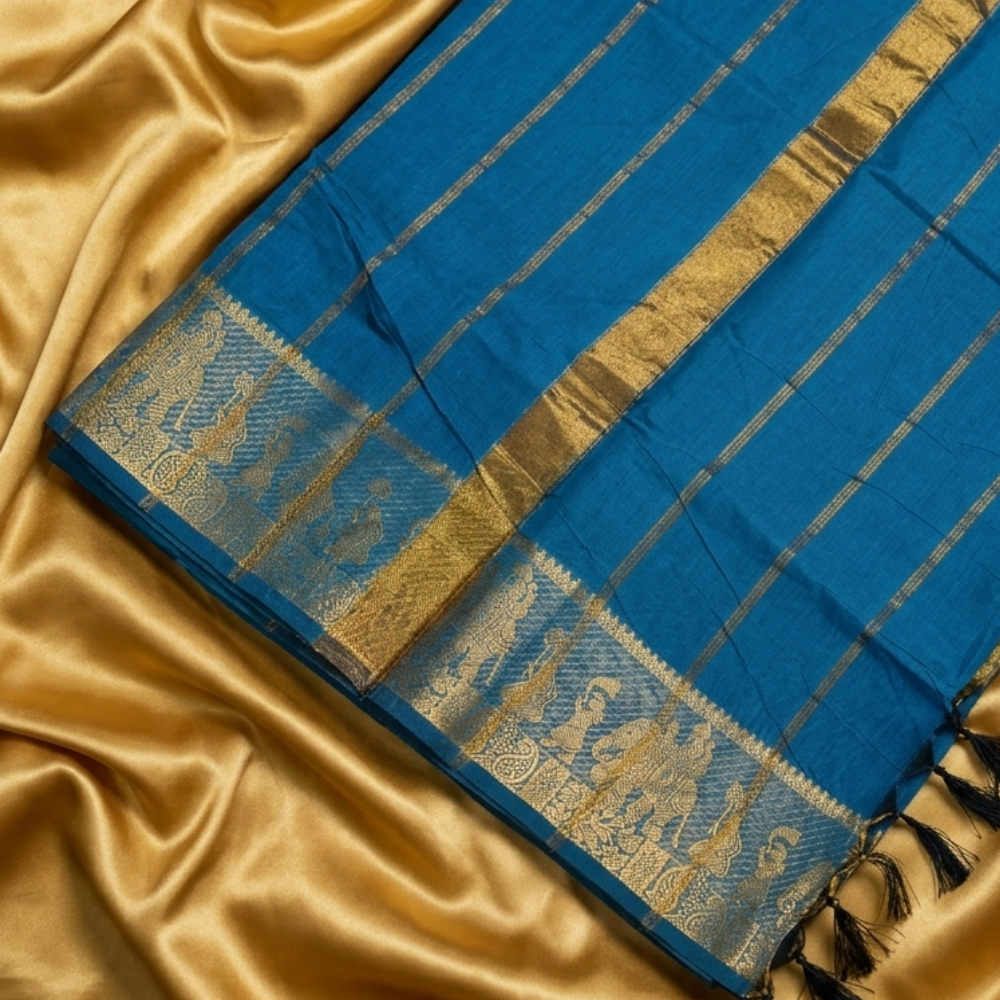 Chettinad Cotton Saree - Deep Teal Blue with Golden Zari