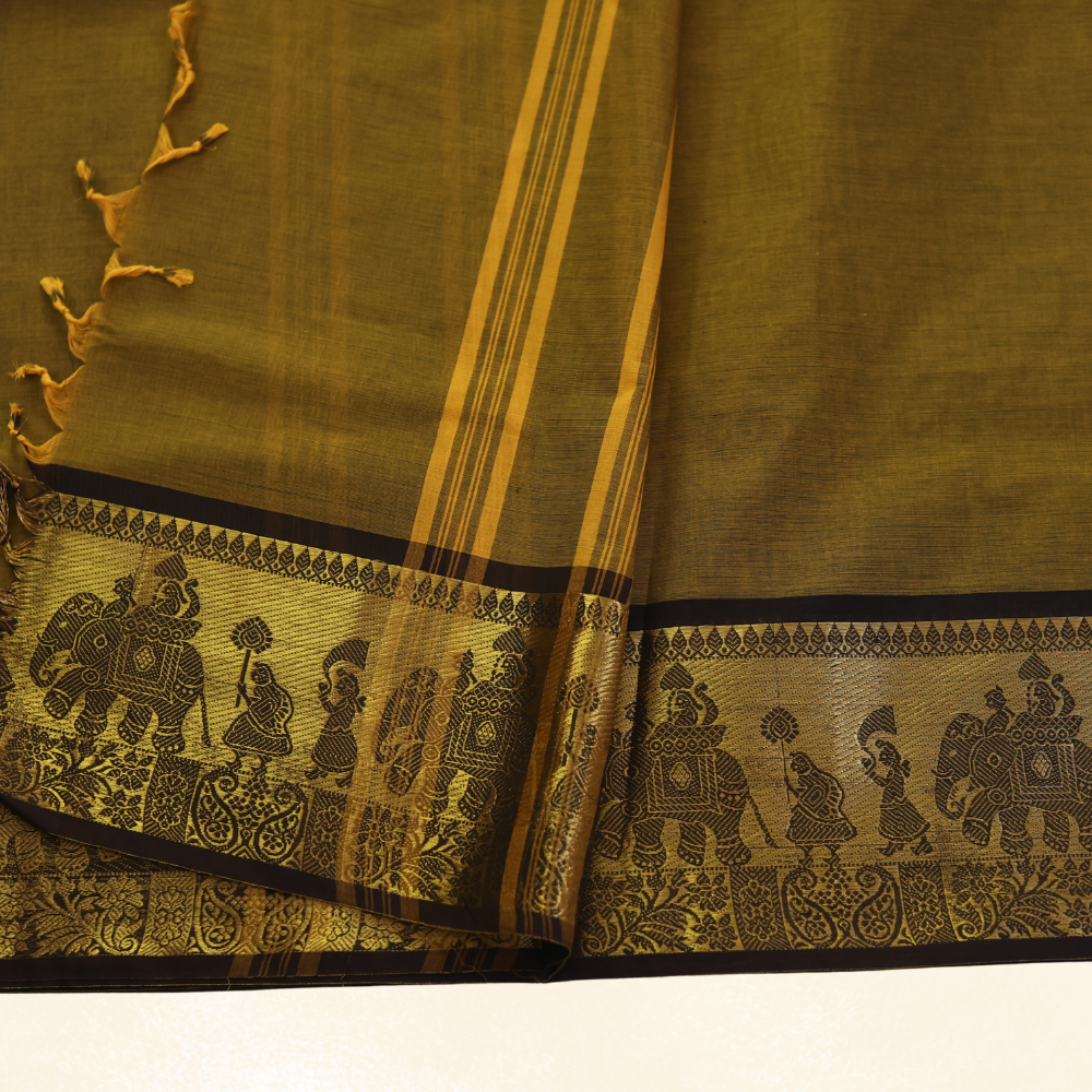 Chettinad Cotton Saree - Mustard Gold with Golden Zari