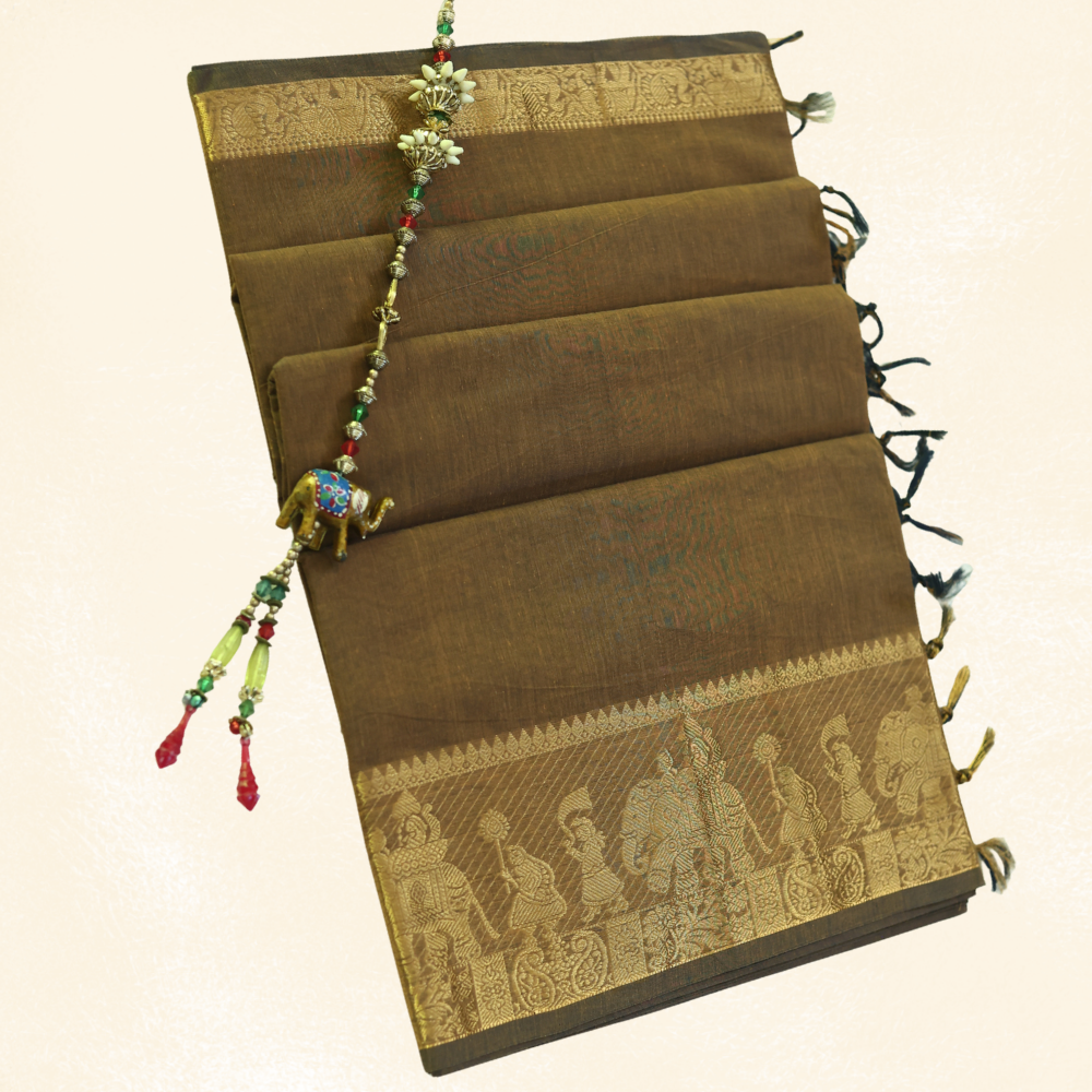 Chettinad Cotton Saree - Mocha Brown with Golden Zari