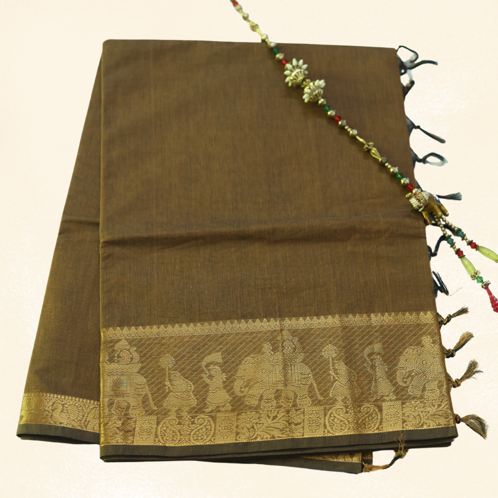 Chettinad Cotton Saree - Mocha Brown with Golden Zari