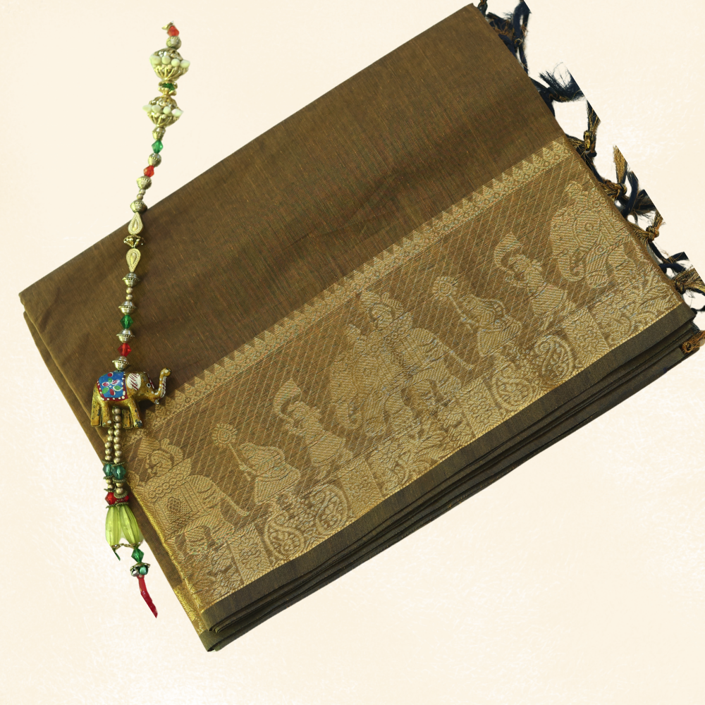 Chettinad Cotton Saree - Mocha Brown with Golden Zari