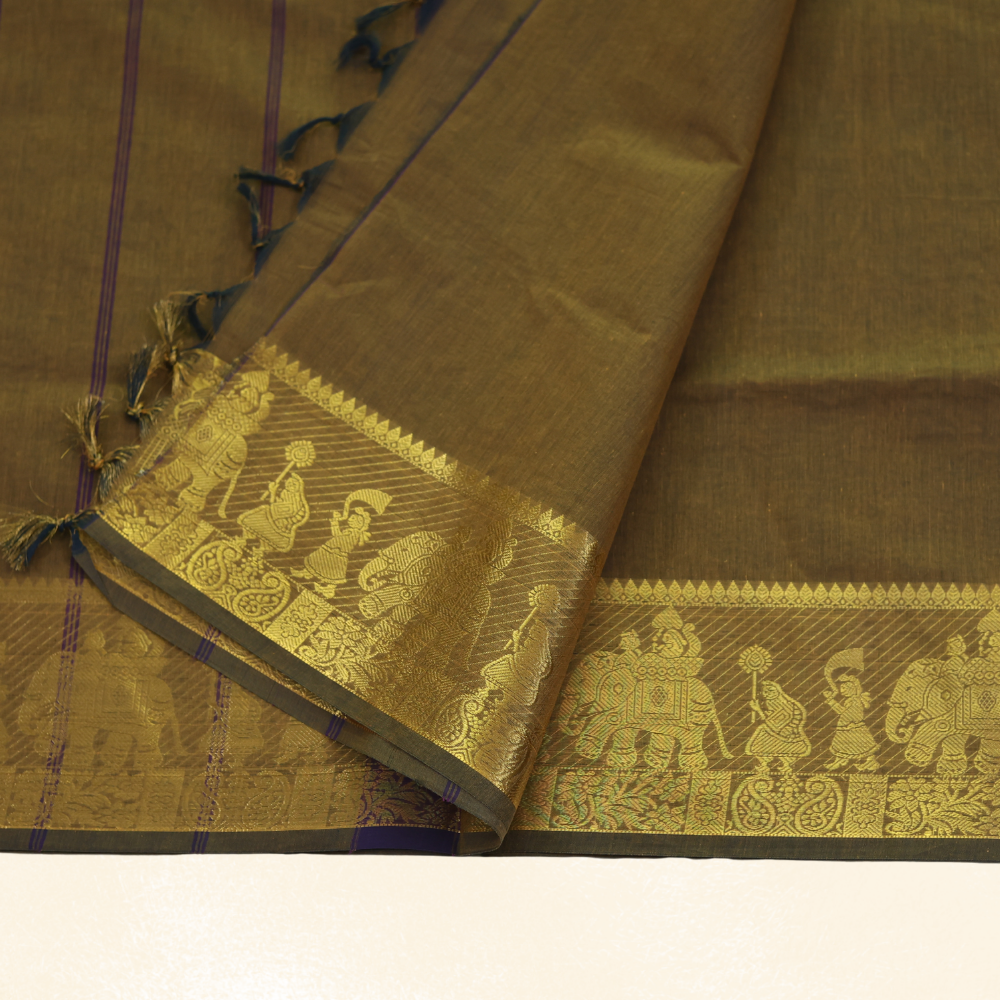Chettinad Cotton Saree - Mocha Brown with Golden Zari
