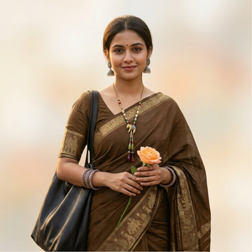 Chettinad Cotton Saree - Mocha Brown with Golden Zari