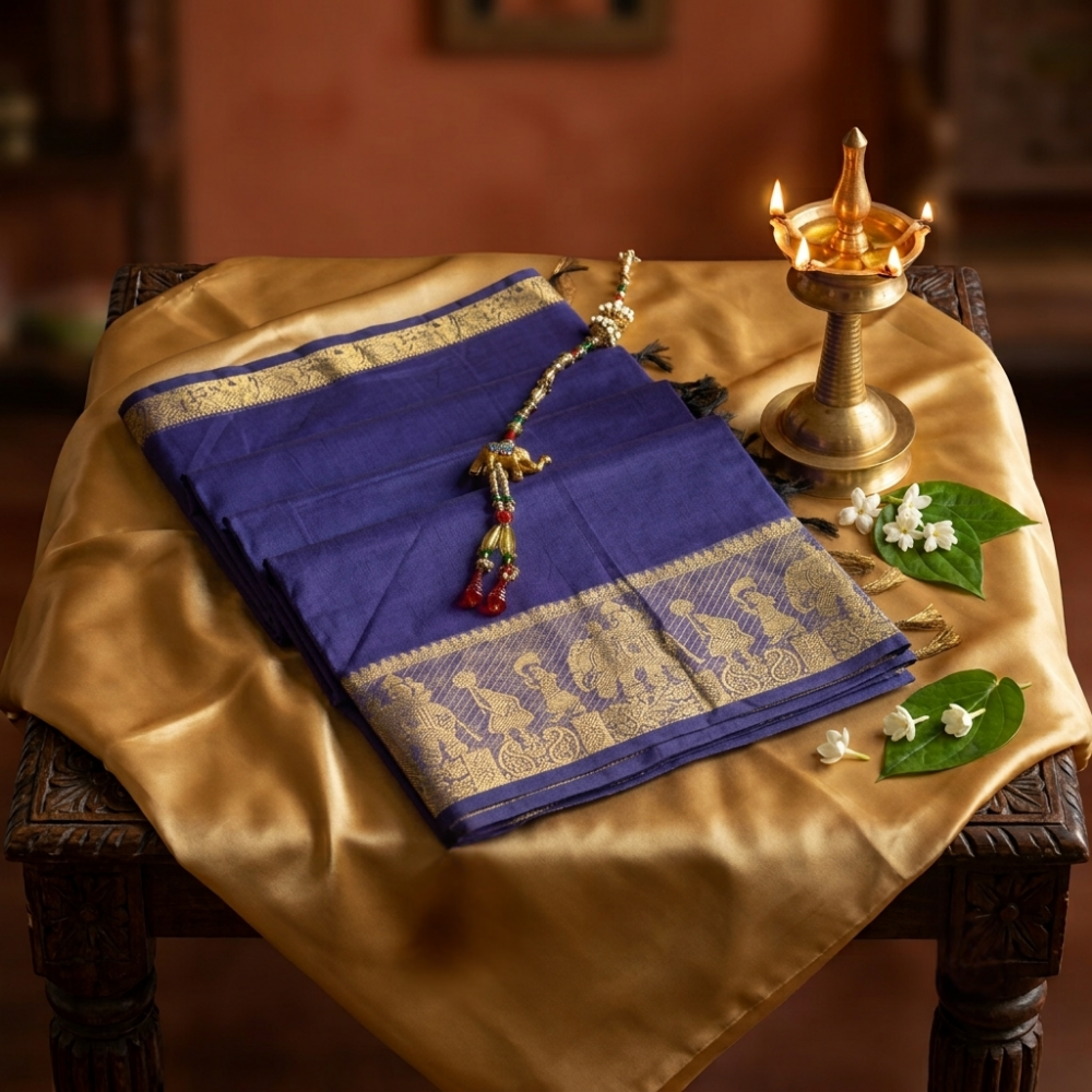 Chettinad Cotton Saree - Deep Navy Blue with Golden Zari