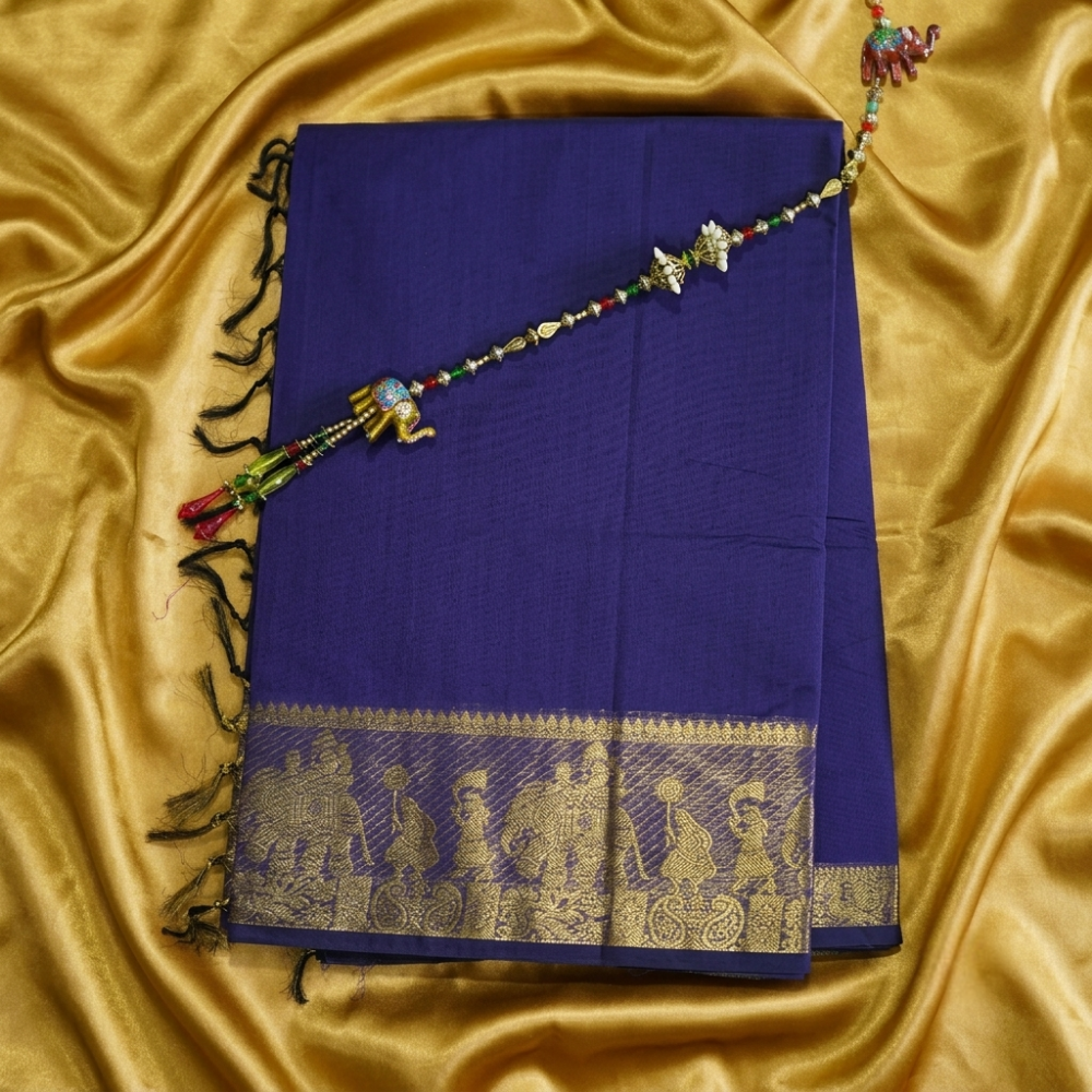 Chettinad Cotton Saree - Deep Navy Blue with Golden Zari