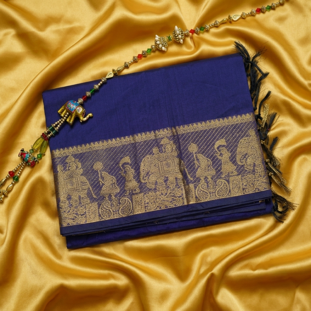 Chettinad Cotton Saree - Deep Navy Blue with Golden Zari