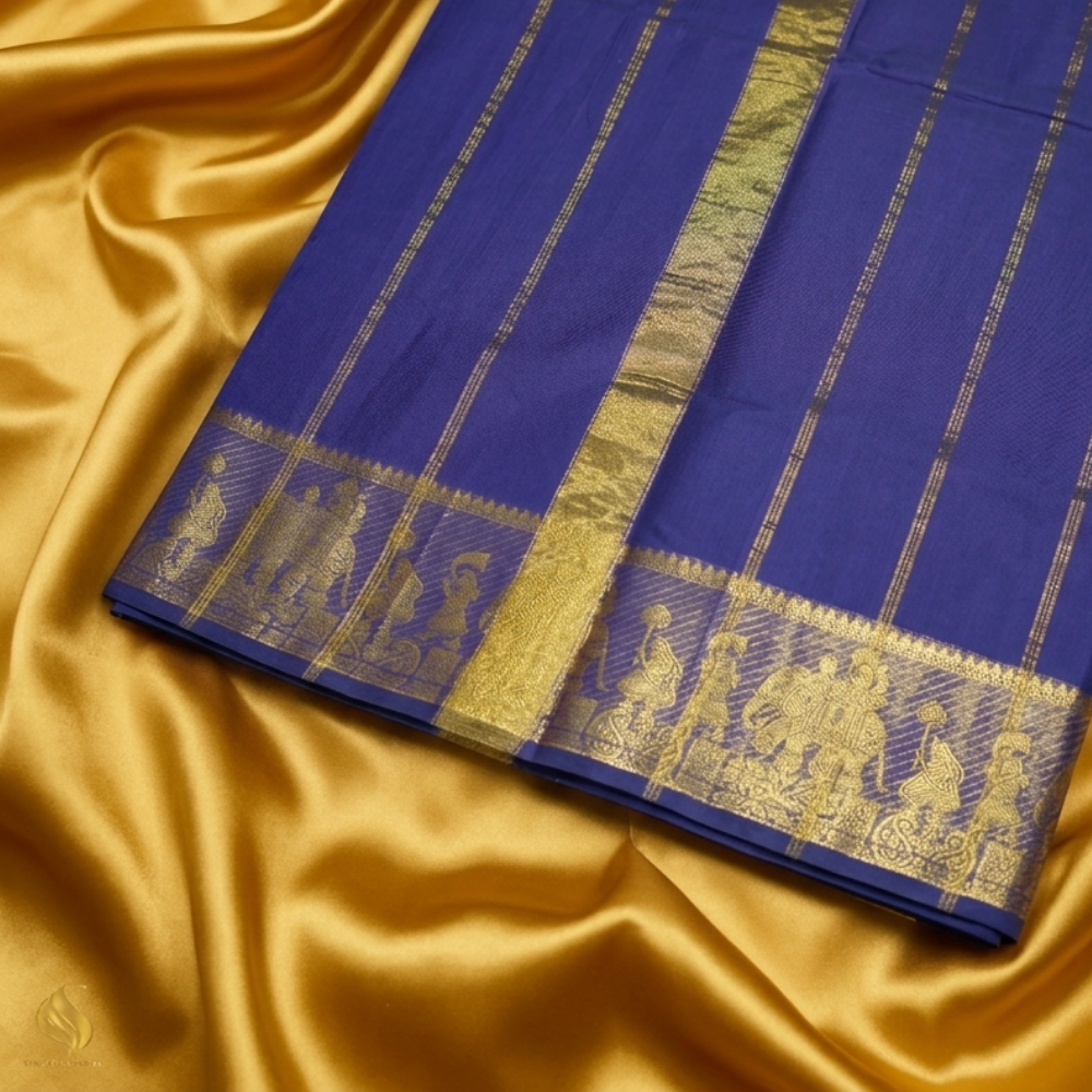 Chettinad Cotton Saree - Deep Navy Blue with Golden Zari