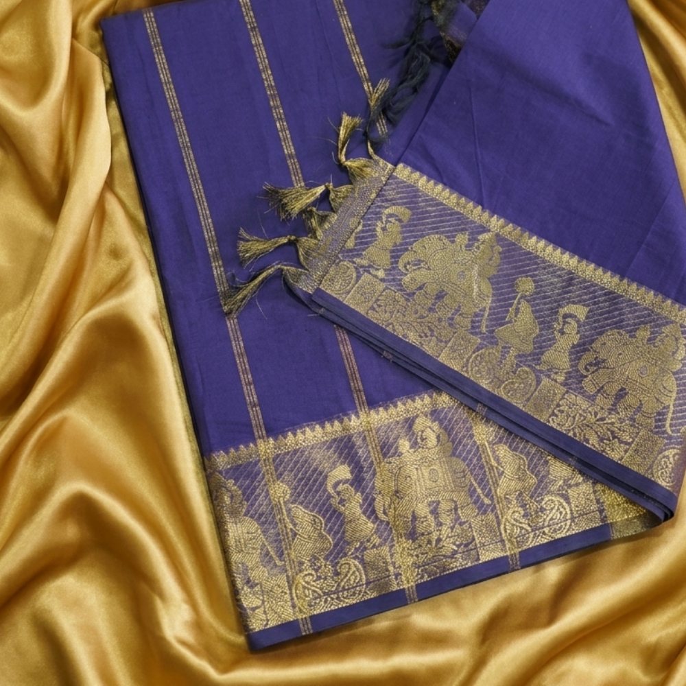 Chettinad Cotton Saree - Deep Navy Blue with Golden Zari