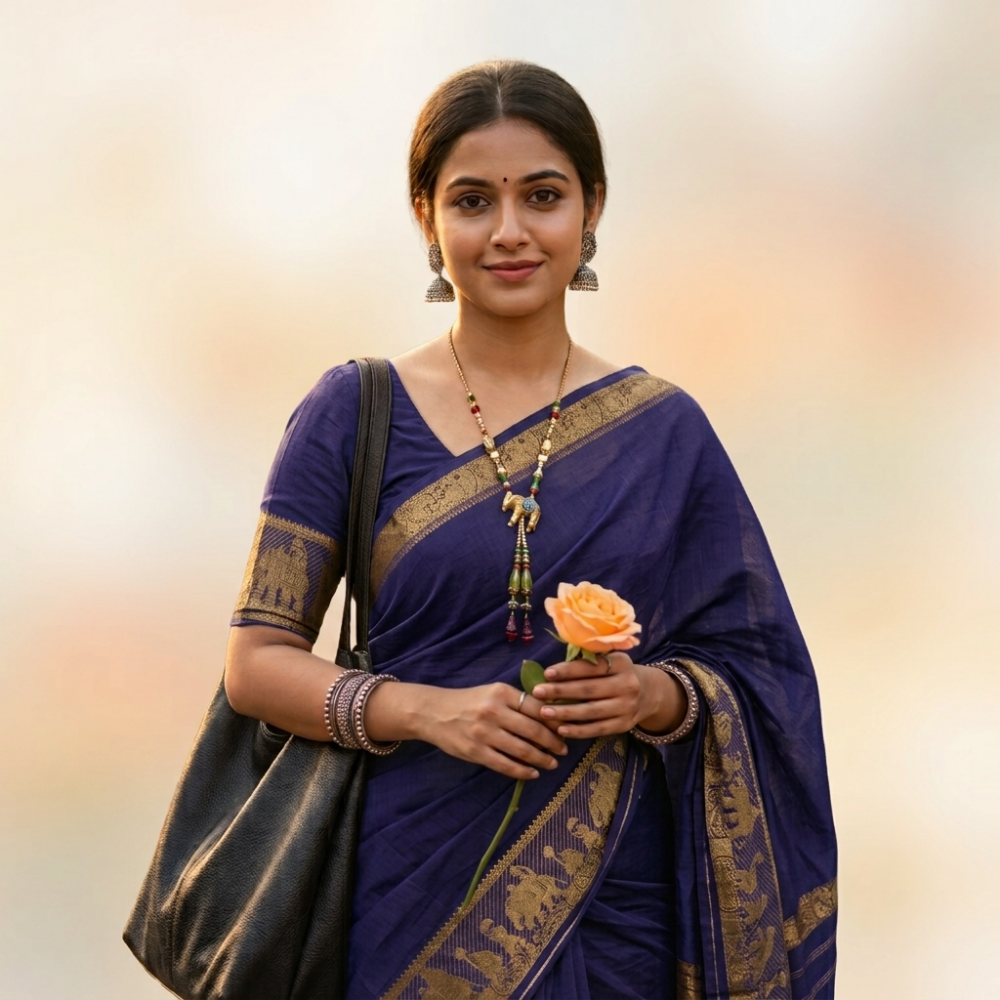 Chettinad Cotton Saree - Deep Navy Blue with Golden Zari