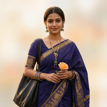 Chettinad Cotton Saree - Deep Navy Blue with Golden Zari