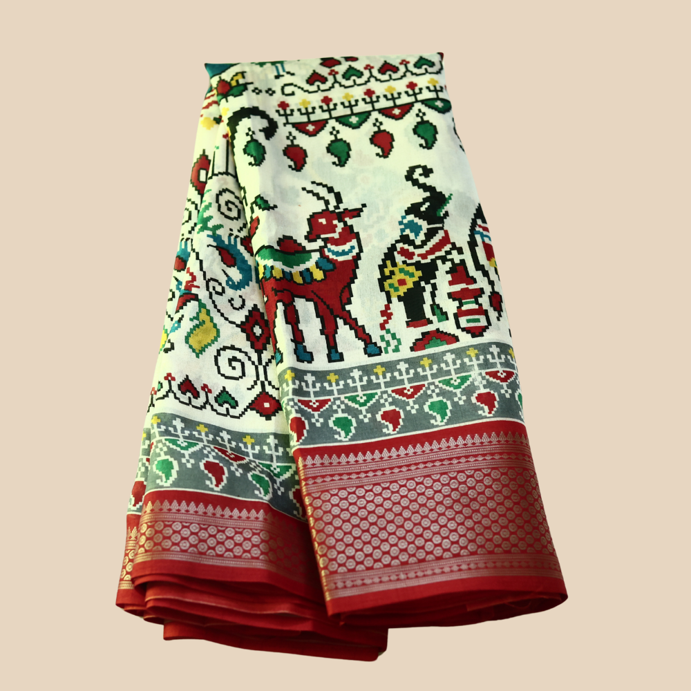 Dola Silk - Patola Pattern - Ivory with Multicolor and Red Border