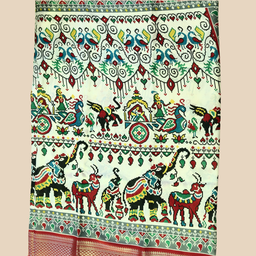 Dola Silk - Patola Pattern - Ivory with Multicolor and Red Border