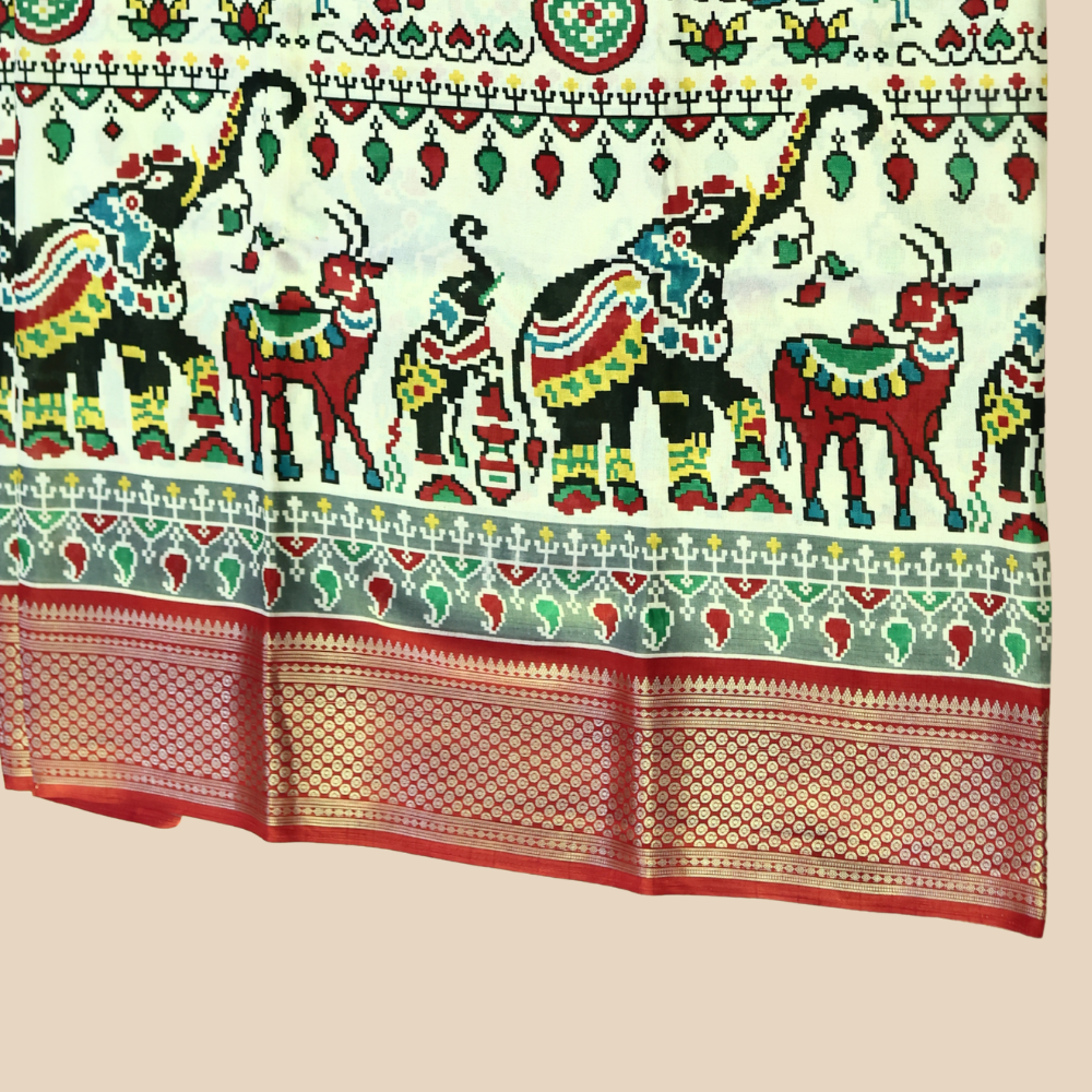 Dola Silk - Patola Pattern - Ivory with Multicolor and Red Border